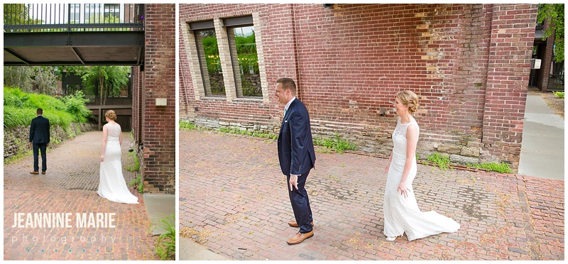 first look, Minneapolis Event Center, bride, groom, wedding gown, Minnesota wedding