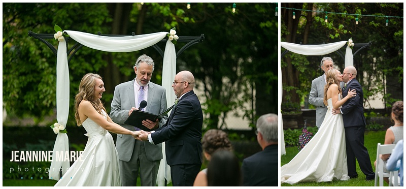 St. Paul College Club, bride, groom, vows, kiss, wedding ceremony, outdoor wedding, Minnesota wedding
