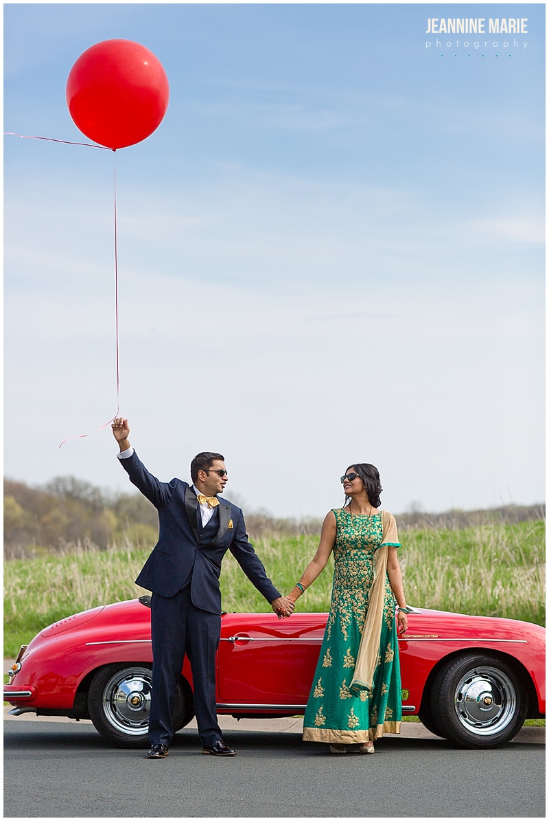 Harriet Island Pavilion, porsche, red balloon, car, wedding portraits, wedding photos, sunglasses, sky, wedding car, Hindu wedding, Indian wedding, bride, groom