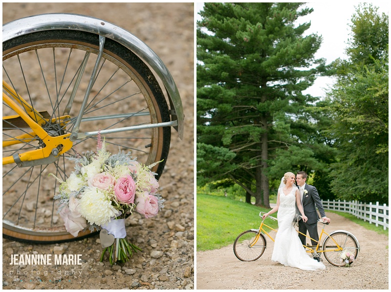 bike, bridal bouquet, flowers, rustic wedding, Hope Glen Farm, wedding, wedding ceremony, Minnesota wedding, barn wedding, rustic wedding, Minnesota barn wedding