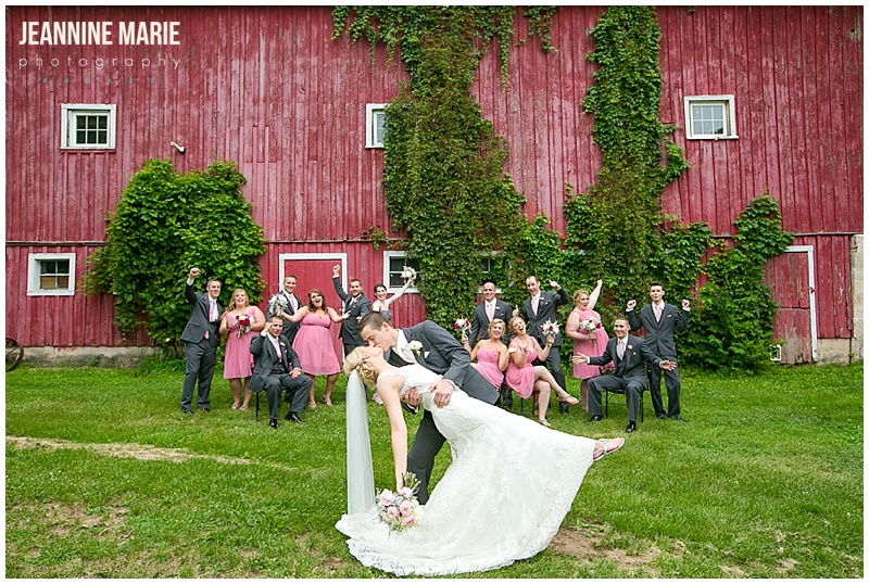 bride, groom, bridesmaids, groomsmen, pink bridesmaids, Hope Glen Farm, wedding, wedding ceremony, Minnesota wedding, barn wedding, rustic wedding, Minnesota barn wedding