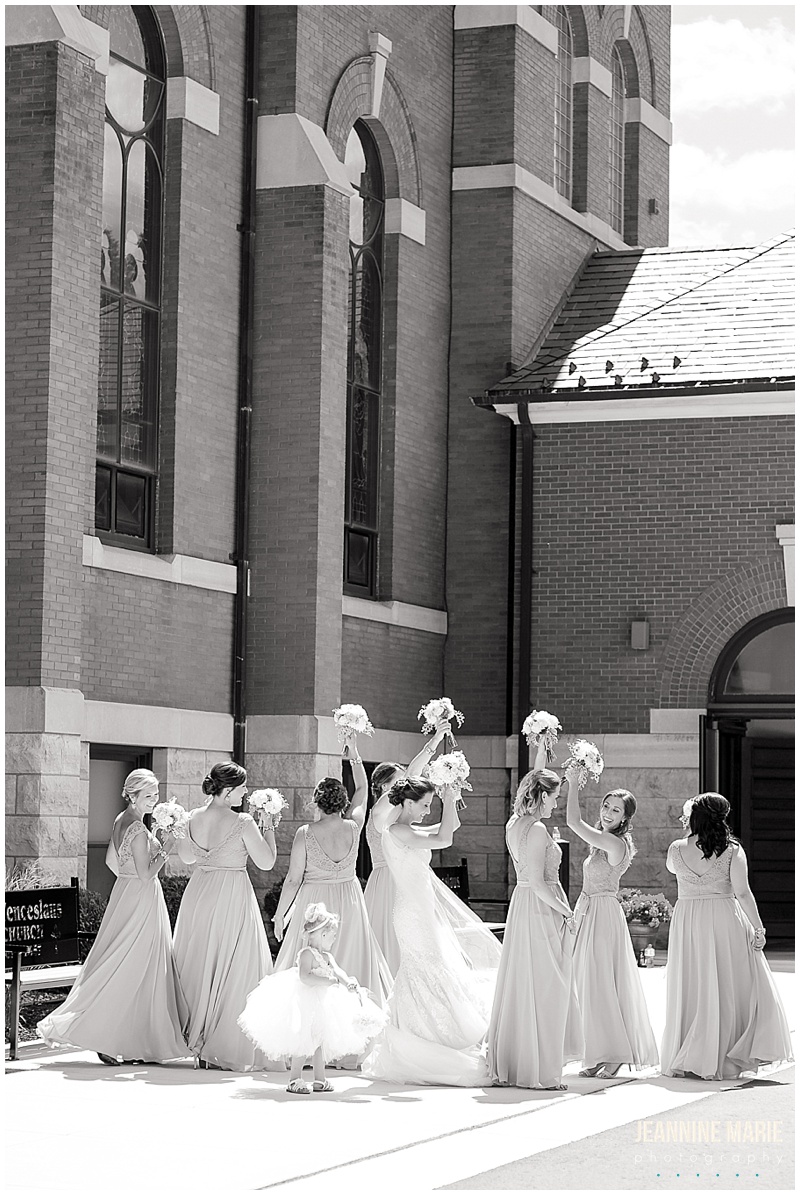 bride, flower girl, bridesmaids, twirling, wedding, Minnesota wedding, church wedding, summer wedding, wedding inspiration, bridesmaids dresses