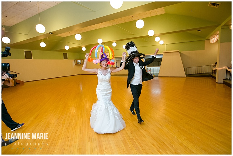 New Prague, Minnesota wedding, wedding, Park Ballroom, bride, groom, balloon hats, wedding fun, grand entrance