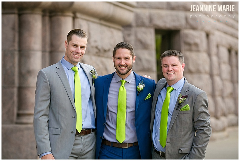 Hennepin County Courthouse, Minneapolis wedding, groomsmen, navy suit, gray suit, lime green ties, navy and green wedding, wedding inspiration, groom attire