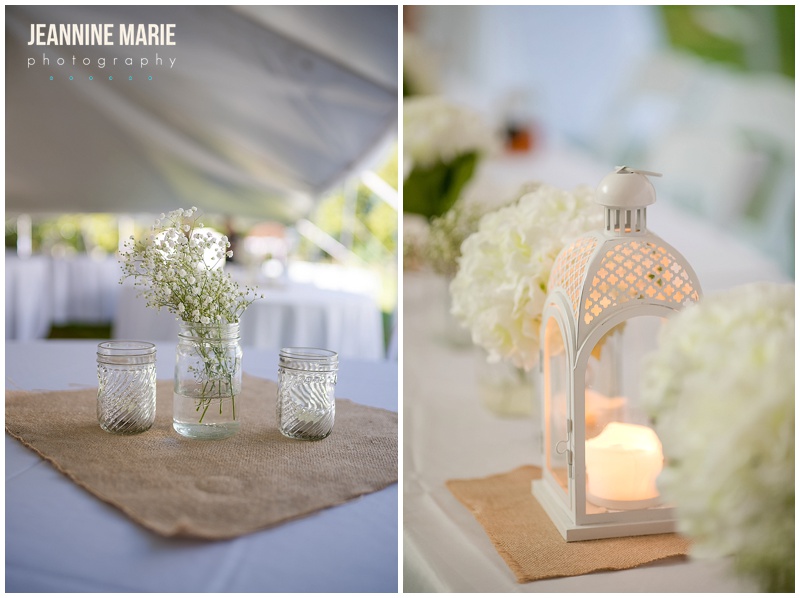 farm wedding, DIY wedding, Minnesota wedding, Minnesota farm wedding, outdoor wedding, tent wedding, wedding reception, DIY wedding decor, centerpieces, baby's breaths, lanterns, candles, DIY centerpieces, wedding decor, wedding ideas