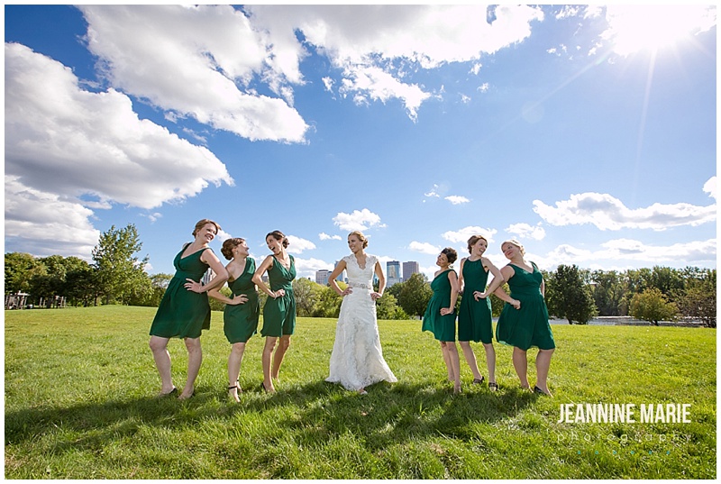 Minneapolis Event Center, bride, bridesmaids, wedding, wedding day, wedding fun, wedding ideas, green bridesmaids dresses, bridal bouquet, bridesmaid bouquet, blue sky, clouds, grass