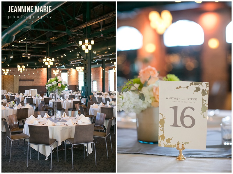 Nicollet Island Pavilion, wedding, Minneapolis wedding, wedding reception, wedding decor, floral centerpieces, centerpieces, table numbers, wedding ideas