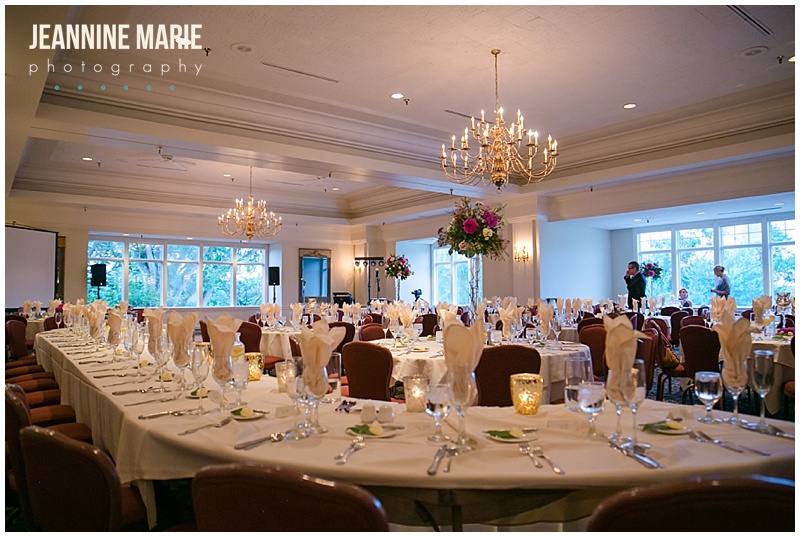 Wayzata Country Club, Minnesota wedding, wedding, wedding reception, wedding venue, wedding decor, wedding sign, wedding floral, centerpieces, head table, guest tables, chandeliers