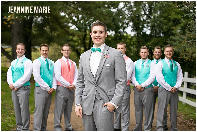 Hope Glen Farm, wedding, barn wedding, farm wedding, Minnesota wedding, groom, groomsmen, coral wedding, teal wedding