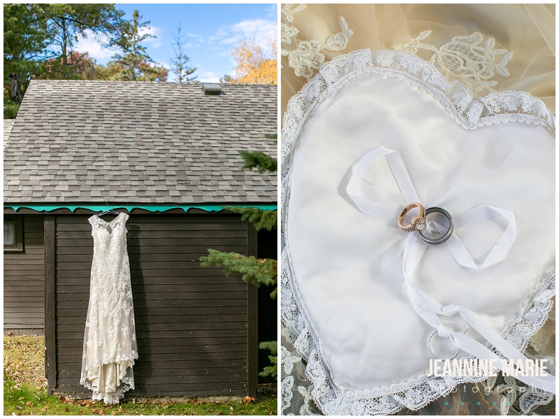 Cragun's Resort, Minnesota wedding, fall wedding, lace wedding gown, wedding dress, ring, ring shot, ring pillow