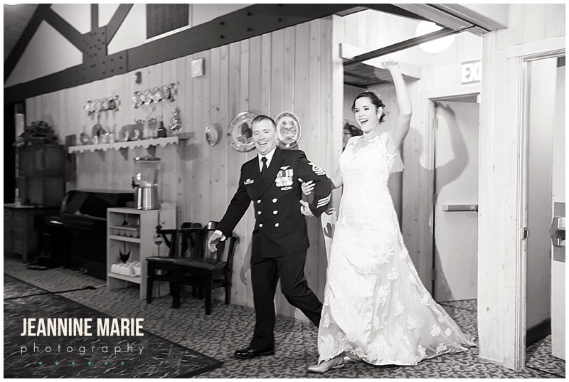 Cragun's Resort, fall wedding, Minnesota wedding, wedding reception, indoor reception, bride, groom, lace wedding gown, military wedding