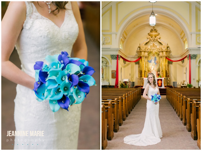Little Falls Wedding, Falls Ballroom, Our Lady of Lourdes Parish, Minnesota wedding, church wedding, bride, groom, wedding inspiration, bride, bridal bouquet, blue bouquet, blue flowers
