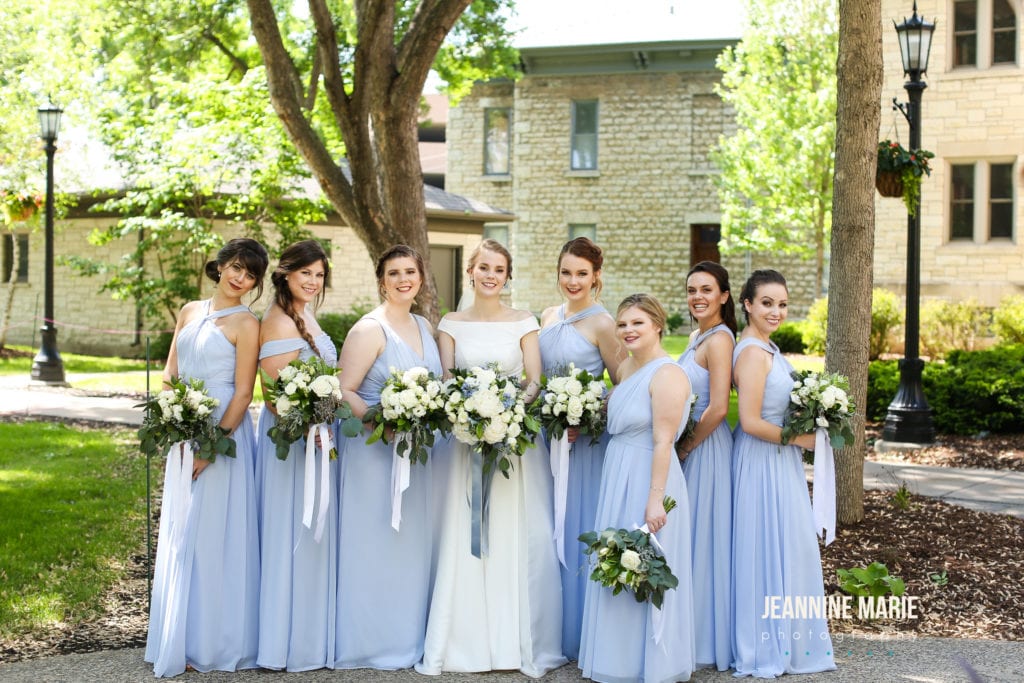 Saint Paul wedding, Jeannine Marie Photography, Saint Paul wedding photographer, Minnesota wedding photographer, spring wedding, blue wedding, indoor wedding, wedding inspiration, Saint Paul wedding venues, Church of the Assumption, Landmark Center, Saint Paul Hotel, Florals by Claire, True Tastes Event Catering, Costco, DJ Paul Young, Minted, Spa Beauty Agency, Tiffany's Bridal, Weddington Way, bride, wedding gown, wedding dress, bridal hair, bridal makeup, off the shoulder dress, blue flowers, bridesmaids, blue bridesmaids dresses, long bridesmaids dresses, bridesmaids bouquets, spring bouquets