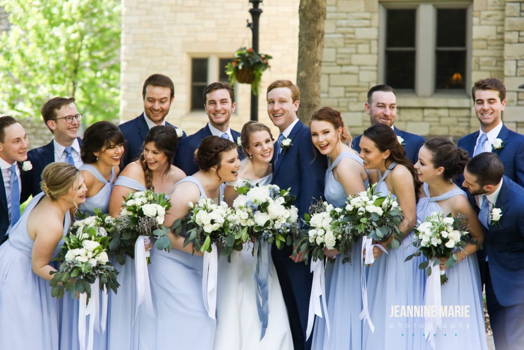 Saint Paul wedding, Jeannine Marie Photography, Saint Paul wedding photographer, Minnesota wedding photographer, spring wedding, blue wedding, indoor wedding, wedding inspiration, Saint Paul wedding venues, Church of the Assumption, Landmark Center, Saint Paul Hotel, Florals by Claire, True Tastes Event Catering, Costco, DJ Paul Young, Minted, Spa Beauty Agency, Tiffany's Bridal, Weddington Way, bride, wedding gown, wedding dress, bridal hair, bridal makeup, off the shoulder dress, blue flowers, bridesmaids, blue bridesmaids dresses, long bridesmaids dresses, bridesmaids bouquets, spring bouquets, wedding party, groom, groomsmen, boutonnieres, navy suits