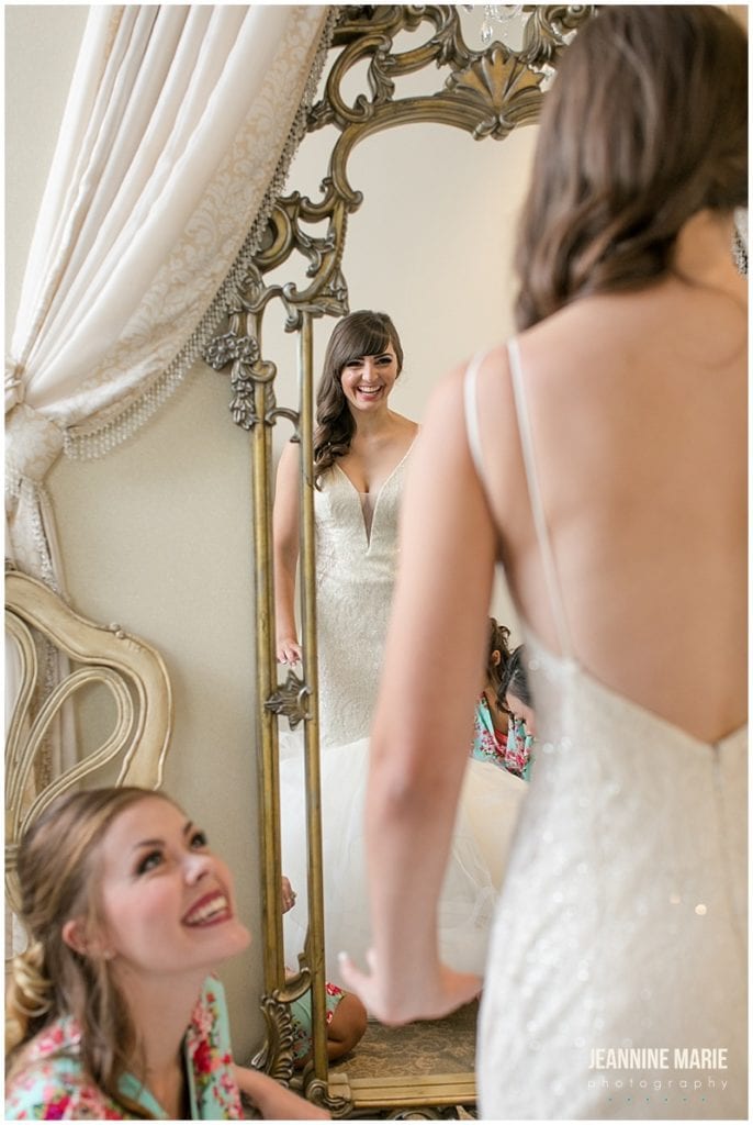 bride, getting ready, looking in mirror, Leopold's Mississippi Gardens, Matt Wales Media, Best Day Ever!, Unreal Arrangements, Mintahoe Catering, Adagio Djay Entertainment, Carlson Craft, Lady Vamp Artistry, Lazaro, Schaffer's Bridal, Kate Spade shoes, The Wedding Shoppe, Men's Wearhouse, Country Inn and Suites, Jeannine Marie Photography, Minnesota wedding photographer, Saint Paul wedding photographer, Minneapolis wedding photographer, Leopold's Mississippi Gardens wedding photographer, summer wedding, real wedding, Minneapolis wedding, garden wedding, outdoor wedding, purple wedding, wedding inspiration