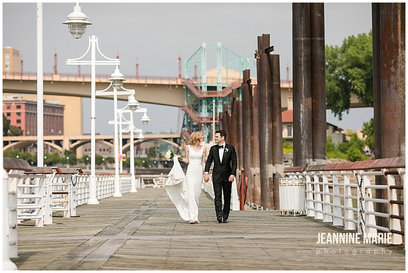 bride, groom, walking, docks, lake, Mississippi River, portraits, Saint Paul, Jeannine Marie Photography, Minnesota wedding photographer, Saint Paul wedding photographer, Minneapolis wedding photographer, Minnesota Boat Club wedding, Minnesota Boat Club, Minnesota Boat Club wedding photographer, unique wedding venues, Minnesota wedding venues, Ask for the Moon Events, Instant Request DJ, art deco wedding, yard games, wedding ideas, casual wedding, Mintahoe Catering, Sadie's Couture Floral, Affordable I Do's, Onsite Muse, JenMar Creations, Claire Ward Illustrations, Erin Goetel Sketch Artist, art wedding 