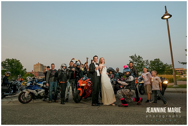 bride, groom, motorcycles, friends, bikers, Jeannine Marie Photography, Minnesota wedding photographer, Saint Paul wedding photographer, Minneapolis wedding photographer, Minnesota Boat Club wedding, Minnesota Boat Club, Minnesota Boat Club wedding photographer, unique wedding venues, Minnesota wedding venues, Ask for the Moon Events, Instant Request DJ, art deco wedding, yard games, wedding ideas, casual wedding, Mintahoe Catering, Sadie's Couture Floral, Affordable I Do's, Onsite Muse, JenMar Creations, Claire Ward Illustrations, Erin Goetel Sketch Artist, art wedding 