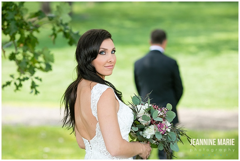 bride, first look, bridal bouquet, blue eyes, bridal hair style, Rolling Ridge Event Center, St. Cloud Floral, Custom Catering by Short Stop, Cold Spring Bakery, Geyer Wedding and Events, DJ Koeltrain, SM Hair and Makeup, The Wedding Shoppe, David's Bridal, Men's Wearhouse, barn wedding, rustic wedding, outdoor wedding, summer wedding, kid-friendly wedding