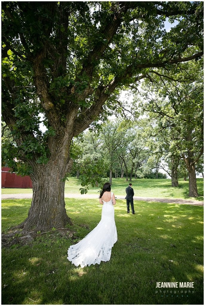 tree, first look, bride walking towards groom, Rolling Ridge Event Center, St. Cloud Floral, Custom Catering by Short Stop, Cold Spring Bakery, Geyer Wedding and Events, DJ Koeltrain, SM Hair and Makeup, The Wedding Shoppe, David's Bridal, Men's Wearhouse, barn wedding, rustic wedding, outdoor wedding, summer wedding, kid-friendly wedding