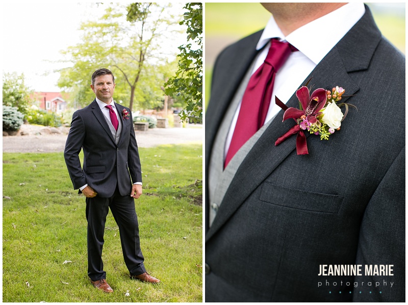 groom, groom attire, boutonniere, burgundy tie, Rolling Ridge Event Center, St. Cloud Floral, Custom Catering by Short Stop, Cold Spring Bakery, Geyer Wedding and Events, DJ Koeltrain, SM Hair and Makeup, The Wedding Shoppe, David's Bridal, Men's Wearhouse, barn wedding, rustic wedding, outdoor wedding, summer wedding, kid-friendly wedding