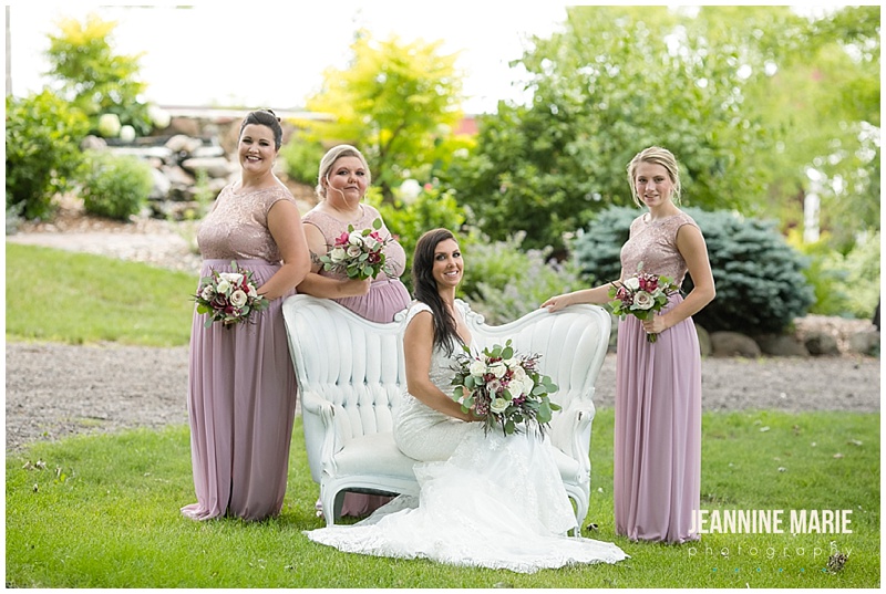bride, bridesmaids, vintage couch, blush bridesmaids dresses, bridal bouquet, bridesmaids bouquets, Rolling Ridge Event Center, St. Cloud Floral, Custom Catering by Short Stop, Cold Spring Bakery, Geyer Wedding and Events, DJ Koeltrain, SM Hair and Makeup, The Wedding Shoppe, David's Bridal, Men's Wearhouse, barn wedding, rustic wedding, outdoor wedding, summer wedding, kid-friendly wedding