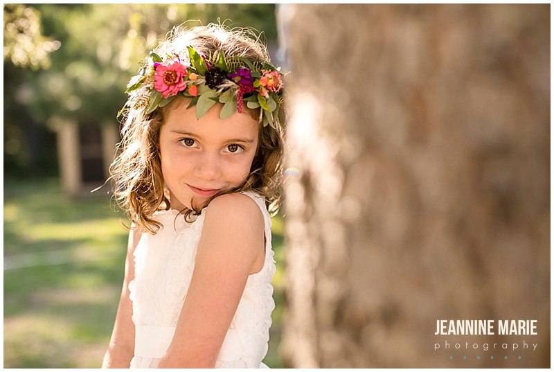 flower girl, floral crown, vibrant flowers, summer floral crown, summer flowers, Camp Thunderbird, Lumberjack wedding, camping wedding, woodsy wedding, wedding in the woods, Bemidji wedding, Bemidji wedding photographer, Minnesota wedding photographer, Jeannine Marie Photography, summer wedding, plaid wedding, outdoor wedding, Up North wedding, Northern Minnesota wedding, Jewish Wedding, KD Floral, Fozzies BBQ, The Lost Walleye Orchestra, The Party Store, Crystal Greene, Anthropologie, Minnesota wedding