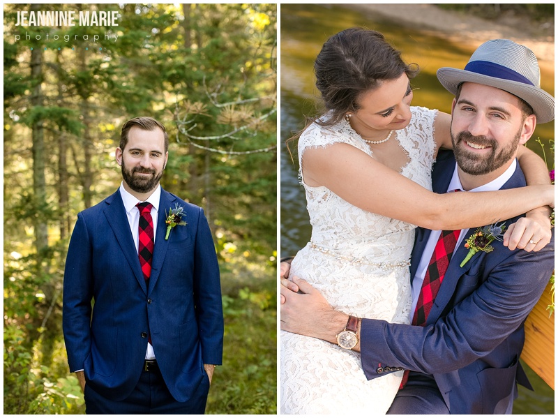 wedding portraits, navy suit, plaid tie, groom, groom attire, bride, lace wedding gown, Camp Thunderbird, Lumberjack wedding, camping wedding, woodsy wedding, wedding in the woods, Bemidji wedding, Bemidji wedding photographer, Minnesota wedding photographer, Jeannine Marie Photography, summer wedding, plaid wedding, outdoor wedding, Up North wedding, Northern Minnesota wedding, Jewish Wedding, KD Floral, Fozzies BBQ, The Lost Walleye Orchestra, The Party Store, Crystal Greene, Anthropologie, Minnesota wedding