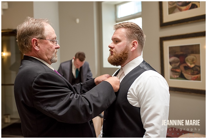 groom, getting ready, father of the groom, tightening tie, Five Event Center, Festivities, Classic Catering, Instant Request DJ Entertainment, The Wedding Shoppe, indoor wedding, fall wedding, Minneapolis wedding, Minneapolis wedding venues, Jeannine Marie Photography, Minneapolis wedding photographer, Saint Paul wedding photographer