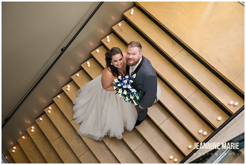 bride, groom, staircase, wedding portraits, ballgown, bridal hair, bridal makeup, gray suit, blue bridal bouquet, Five Event Center, Festivities, Classic Catering, Instant Request DJ Entertainment, The Wedding Shoppe, indoor wedding, fall wedding, Minneapolis wedding, Minneapolis wedding venues, Jeannine Marie Photography, Minneapolis wedding photographer, Saint Paul wedding photographer