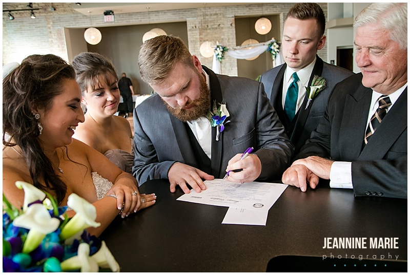 bride, groom, signing marriage license, Five Event Center, Festivities, Classic Catering, Instant Request DJ Entertainment, The Wedding Shoppe, indoor wedding, fall wedding, Minneapolis wedding, Minneapolis wedding venues, Jeannine Marie Photography, Minneapolis wedding photographer, Saint Paul wedding photographer