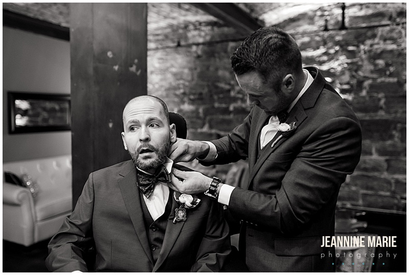 groom, getting ready, bow tie, groomsmen, Lowertown Event Center, Ask for the Moon Events, Summit Hill Studios, Fork and Flair, Thirsty Whale Bakery, Mark Haugen DJ, 13th Studio, SM Hair and Makeup, Posh Bridal Couture, Handmade Love, Wedding Day Diamonds, Heimie's Haberdashery, The Tie Bar, Saint Paul wedding, downtown St. Paul, St. Paul wedding, Saint Paul wedding venues, indoor wedding venues, Mears Park, Twin Cities wedding, Minnesota wedding, Saint Paul wedding photographer, Twin Cities wedding photographer, Lowertown Event Center wedding photographer, Jeannine Marie Photography