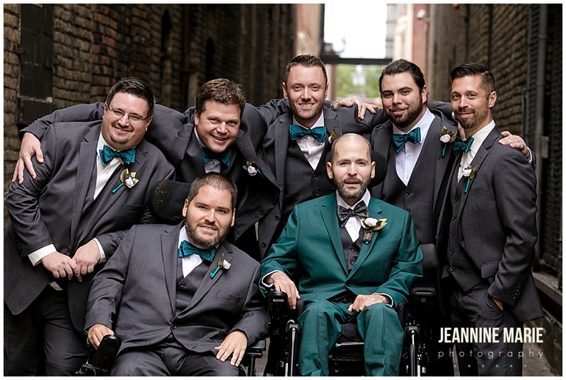 groom, teal suit, groomsmen, gray suits, Lowertown Event Center, Ask for the Moon Events, Summit Hill Studios, Fork and Flair, Thirsty Whale Bakery, Mark Haugen DJ, 13th Studio, SM Hair and Makeup, Posh Bridal Couture, Handmade Love, Wedding Day Diamonds, Heimie's Haberdashery, The Tie Bar, Saint Paul wedding, downtown St. Paul, St. Paul wedding, Saint Paul wedding venues, indoor wedding venues, Mears Park, Twin Cities wedding, Minnesota wedding, Saint Paul wedding photographer, Twin Cities wedding photographer, Lowertown Event Center wedding photographer, Jeannine Marie Photography