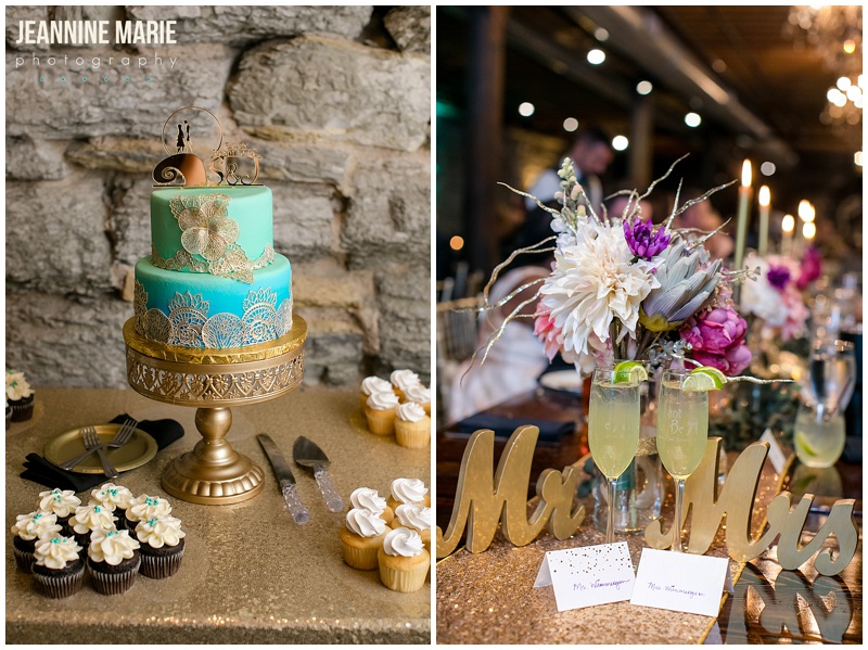wedding details, cake, flowers, bridal bouquet, head table, mr and mrs sign, Nightmare Before Christmas cake topper, gold and teal wedding, Lowertown Event Center, Ask for the Moon Events, Summit Hill Studios, Fork and Flair, Thirsty Whale Bakery, Mark Haugen DJ, 13th Studio, SM Hair and Makeup, Posh Bridal Couture, Handmade Love, Wedding Day Diamonds, Heimie's Haberdashery, The Tie Bar, Saint Paul wedding, downtown St. Paul, St. Paul wedding, Saint Paul wedding venues, indoor wedding venues, Mears Park, Twin Cities wedding, Minnesota wedding, Saint Paul wedding photographer, Twin Cities wedding photographer, Lowertown Event Center wedding photographer, Jeannine Marie Photography
