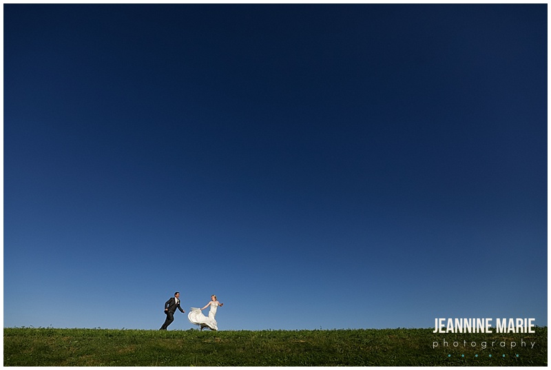 blue sky, green grass, bride, groom, running, Minnesota Landscape Arboretum, Hazeltine National Golf Course, Petit Four FIlms, KMB Floral, The Thirsty Whale Bakery, Illuminations by Lori Cole, Instant Request DJ, SM Hair and Makeup, The Wedding Shoppe, Men's Wearhouse, outdoor wedding, garden wedding, blush wedding, Minnesota wedding venues, Twin Cities wedding venues, Minnesota wedding photographer, Saint Paul wedding photographer, Jeannine Marie Photography