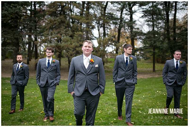 groom, groomsmen, gray suits, boutonnieres, fall wedding, navy wedding, church wedding, Grace Lutheran Church, The Pavilion at Lake Elmo, Lakeside Floral, Lunds & Byerlys, Bellagala, Salon Ultimo, Luxe Bridal, Azazie, The Foursome, November wedding, Jeannine Marie Photography, Minnesota wedding photographer, Saint Paul wedding photographer