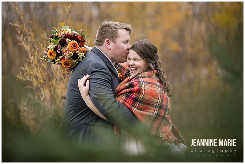 groom, bride, fall bouquet, red plaid shawl, fall bride, fall wedding inspiration, fall wedding, navy wedding, church wedding, Grace Lutheran Church, The Pavilion at Lake Elmo, Lakeside Floral, Lunds & Byerlys, Bellagala, Salon Ultimo, Luxe Bridal, Azazie, The Foursome, November wedding, Jeannine Marie Photography, Minnesota wedding photographer, Saint Paul wedding photographer
