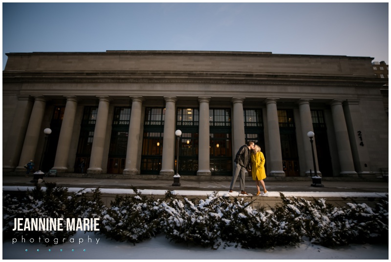 building, historical building, Saint Paul history, Saint paul historical buildings, couple, kiss, 12welve Eyes Brewing, Union Depot, engaged, engagement session, engagement photos, Saint Paul, Saint Paul engagement, Saint Paul brewery, Saint Paul engagement photos, brewery engagement, brewery engagement photos, winter engagement photos, winter engagement, Jeannine Marie Photography, Saint Paul engagement photographer, Minnesota engagement photographer, engagement photography, Saint Paul engagement photography