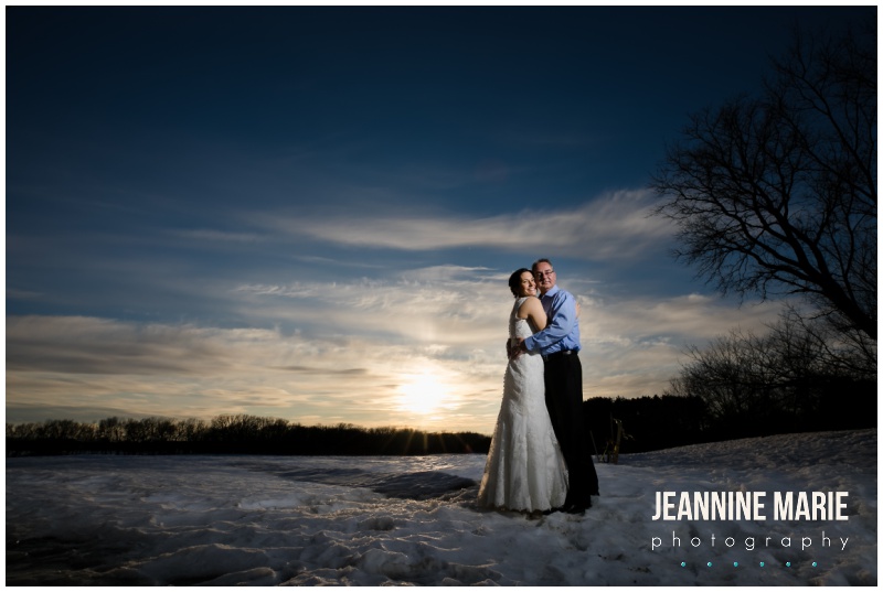 snowy wedding portraits, bride, groom, sky, snow, sunset, indoor wedding, wedding ceremony, bride, groom, Jeannine Marie Photography, intimate wedding, house wedding, small wedding, simple wedding, private residence wedding, Rogers Minnesota, wedding inspiration, budget weddings, Jeannine Marie Photography, Minnesota wedding photographer, Twin Cities wedding photographer, Cathy Fix wedding planner, Custom Floral Design, Ultimate Events, LeFebvres Catering, Winter Artistry, JenMar Creations