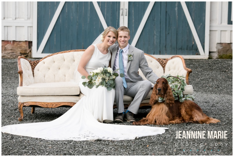 vintage couch, dog, floral collar, dogs in weddings, bride, groom, wedding portraits, Bloom Lake Barn, summer wedding, barn wedding, Minnesota barn wedding, blue wedding, rustic wedding, Minnesota wedding barns, Jeannine Marie Photography, Minnesota wedding photographer, Minneapolis wedding photographer, photographers near me, Saint Paul wedding photographer, wedding photography, barn wedding photographer, Bloom Lake Barn wedding photographer, Minneapolis wedding photography, Minnesota wedding photography, Studio B Floral, Unique Dining Catering, Bread Art, 139 Hair by Heidi, Laura Westrem Artistry, Che Bella Boutique, Kennedy Blue, Kohl's, Rustic Elegance, Ultimate Events, Minneapolis wedding vendors, Minnesota wedding vendors, Twin Cities wedding vendors