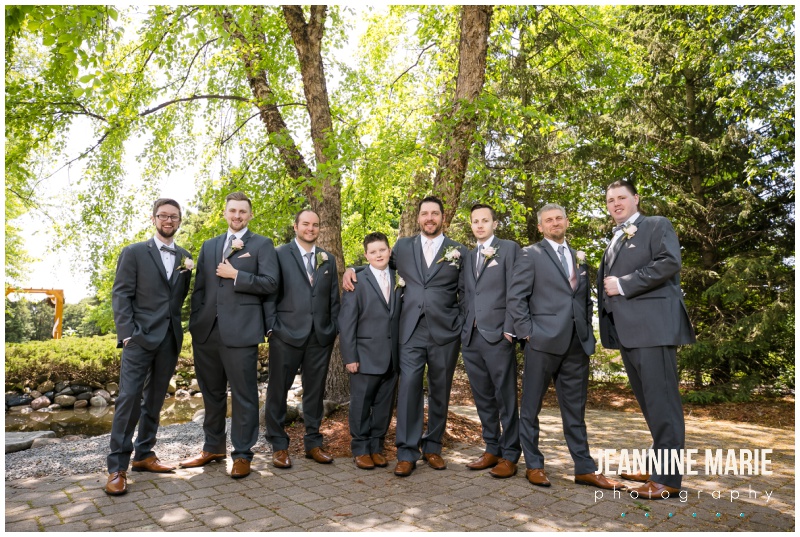 groom, groomsmen, gray suits, blush boutonniere,Courtyards of Andover, Melanie T Moy, Unique Dining Experiences Catering, Buttercream, Instant Request DJ, Mirror Me Perfect, Minnesota Officiants, Amata Salon, Lindsay Dukes Photography, Raffine Bridal, David's Bridal, Men's Wearhouse, Jeannine Marie Photography, Minnesota wedding photographer, Minneapolis wedding photographer, Courtyards of Andover wedding photographer, wedding photography, Minnesota wedding photography, wedding photographers near me, best Minnesota wedding photography, intimate wedding, budget wedding, blush wedding, summer wedding, pink wedding, pink flowers, outdoor wedding ceremony, ballroom wedding, Minnesota wedding venues