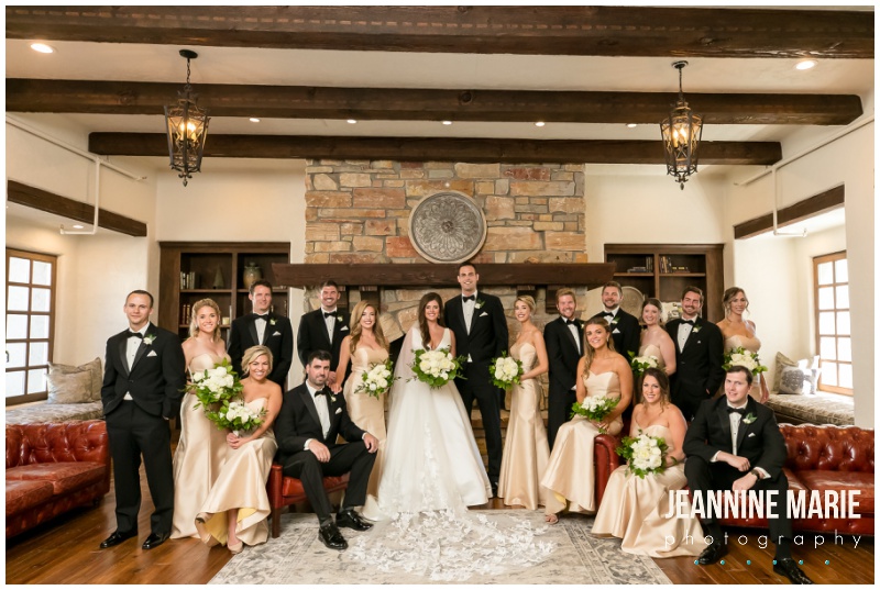 fireplace, bride, groom, wedding party, bridesmaids, groomsmen, chairs, indoor portraits, Bavaria Downs, outdoor wedding, neutral wedding colors, summer wedding, Chaska wedding, Chaska Minnesota, Minnesota wedding, Minneapolis wedding, unique wedding venues, Unique Minneapolis wedding venues, Minnesota wedding photographer, Bavaria Downs wedding photographer, Twin Cities wedding photographer, Jeannine Marie Photography