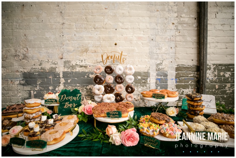 donuts, doughnuts, donut wall, donut display, wedding donuts, wedding desserts, Aria wedding, Minneapolis wedding, brunch wedding, breakfast wedding, intimate wedding, floral decor, floral wedding, wedding floral, Simply Stated Elegance, Bridal Support, Deco Catering, Hy-Vee, JAM Sound & Light, Noor Design & Decor, Evolutionmpls, Minneapolis wedding photographer, Minnesota wedding photographer, Jeannine Marie Photography