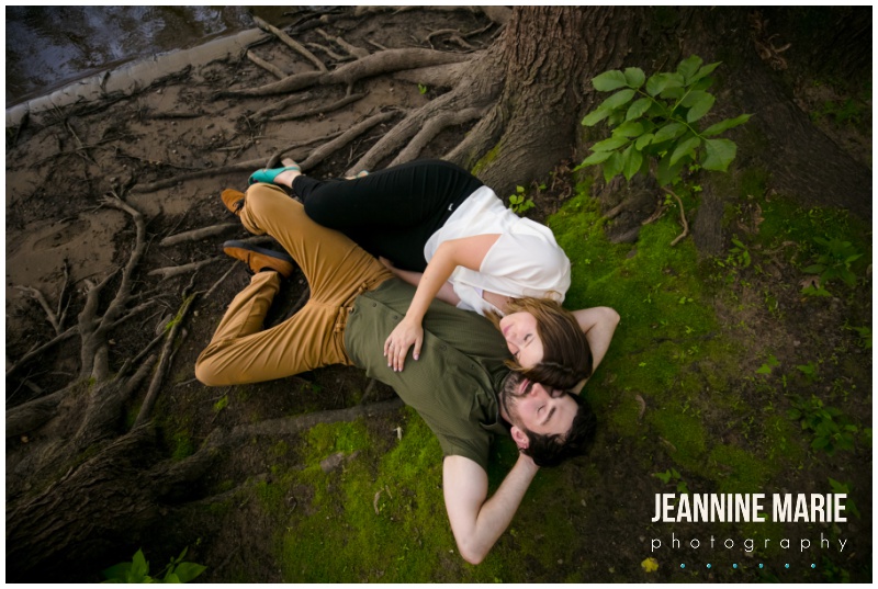 tree, couple, lying down, engaged, engagement, engagement session, engagement outfits, engagement photos, outdoor engagement session, Mississippi River, Mississippi River engagement, Minneapolis engagement photographer, Minnesota wedding photographer, Saint Paul engagement photographer, Jeannine Marie Photography