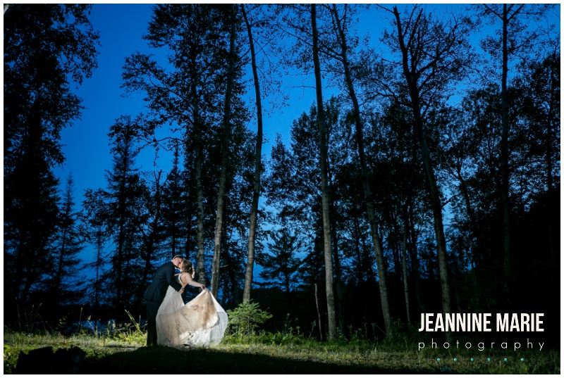 bride, groom, wedding gown, blue sky, night portraits, kiss, trees, silhouette, Duluth wedding, backyard wedding, woodsy wedding, rustic elegance wedding, rustic wedding, DIY wedding, blush wedding, navy blue wedding, tent wedding, Duluth wedding photographer, Minnesota wedding photographer, Jeannine Marie Photography, Lundeen Productions,Wedding & Event Design by Paper Capers, Kurtz Catering, Sounds Unlimited, Mari Mayde, Bella Rose, David's Bridal, Men's Wearhouse