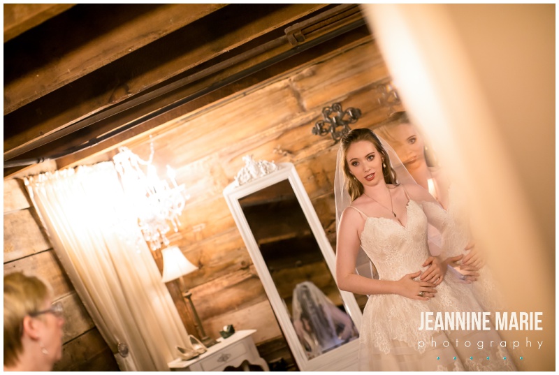 bride, getting ready, wedding gown, wedding dress, lace wedding gown, Hope Glen Farm, Sweet Peas Floral, Apples 2 Apples Catering, Instant Request DJ, farm wedding, outdoor wedding, barn wedding, Jeannine Marie Photography, Minnesota wedding photographer, Saint Paul wedding photographer