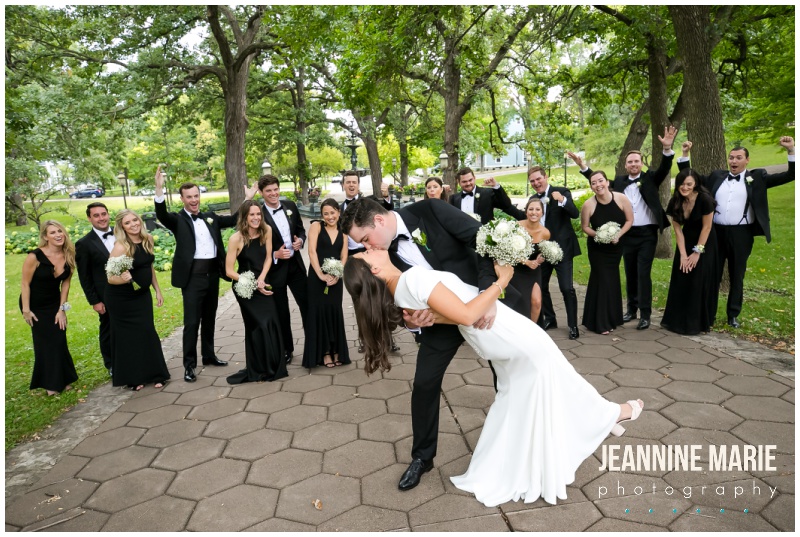 bride, groom, bridal party, wedding party, black wedding attire, Saint Paul Hotel, Saint Paul Hotel wedding, hotel wedding, Saint Paul wedding, Jeannine Marie Photography, Saint Paul wedding photographer, Minnesota wedding photographer, Church of the Assumption, Florals by Claire, Cafe Latte, Linen Effects, Bluewater King Band, Wildwood Salon, Make Me Blush Artistry, The White Room, Pronovias, Rebecca Minkoff, Bonobos