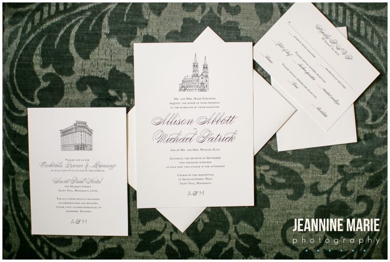 stationery, invitation suite, wedding stationery, Saint Paul Hotel, Saint Paul Hotel wedding, hotel wedding, Saint Paul wedding, Jeannine Marie Photography, Saint Paul wedding photographer, Minnesota wedding photographer, Church of the Assumption, Florals by Claire, Cafe Latte, Linen Effects, Bluewater King Band, Wildwood Salon, Make Me Blush Artistry, The White Room, Pronovias, Rebecca Minkoff, Bonobos