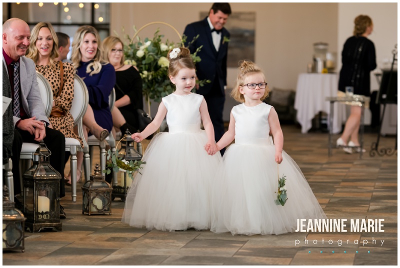 flower girls, walk down aisle, flower girl dresses, flower girl hoops, ceremony, wedding ceremony, Bavaria Downs, Chaska wedding venues, Chaska wedding, greenery wedding floral, white wedding floral, white and greenery, indoor wedding, Jessica Sommerhauser floral, D'amico Catering, Bellagala, Ivory Aisle Design, Angela's Atelier, Jona Loch Beauty, Bridal Accents Couture, fairytale wedding, cottage wedding, mansion wedding, charming wedding venues, Jeannine Marie Photography, Minnesota wedding photographer, Minneapolis wedding photographer, Chaska wedding photographer, Bavaria Downs wedding photographer, Saint Paul wedding photographer