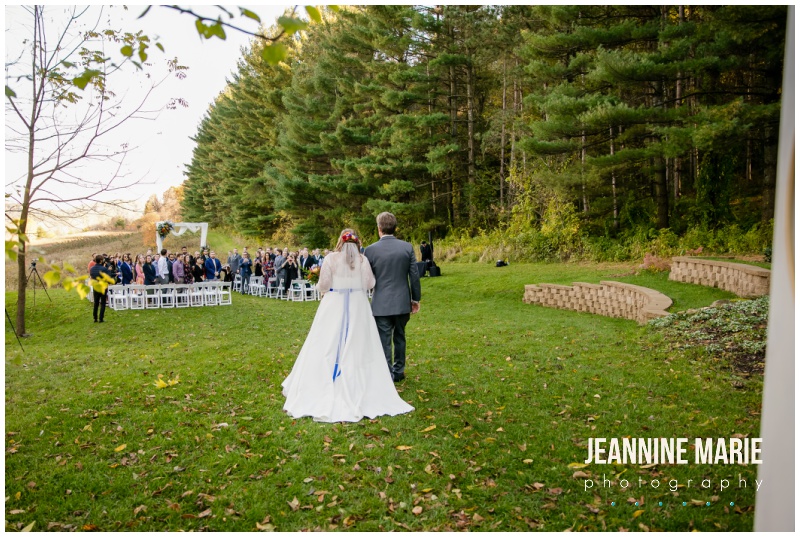 wedding ceremony, outdoor wedding ceremony, bride, father of the bride, walk down aisle, Round Barn Farm, fall wedding, autumn wedding, navy blue wedding, fall wedding floral, warm wedding floral, Jeannine Marie Photography, Ask for the Moon Events, Snowshoe Productions, A'BriTin Catering, Studio B Floral, Vistaprint, Mark Haugen DJ, Warpaint International, Luxe Bridal Couture, Men's Wearhouse, David's Bridal, Classic Cookie Do, Dough Dough, rustic wedding, barn wedding, Minnesota wedding, Minnesota barn wedding, Minnesota wedding photographer, Minneapolis wedding photographer, Saint Paul wedding photographer, midwest wedding photographer, Round Barn Farm wedding photographer