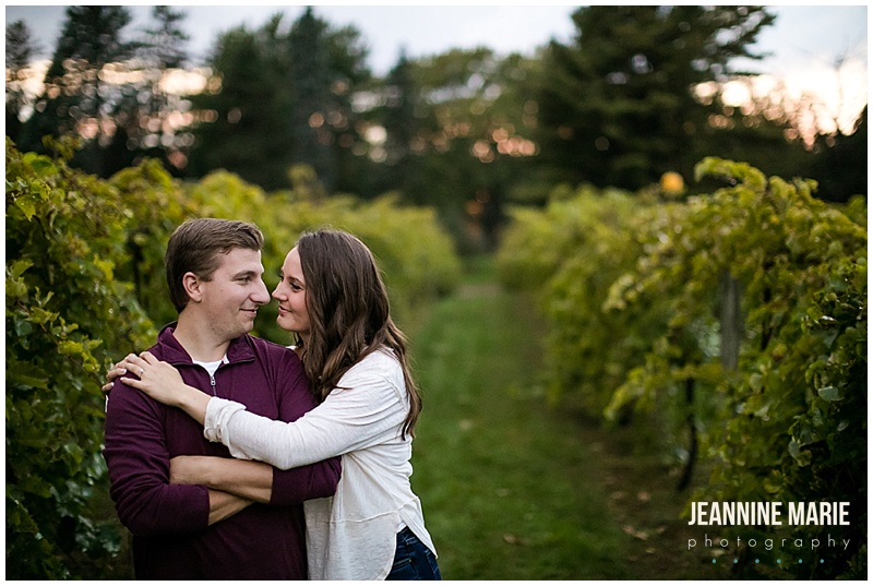 rows, apples, couple, hug, couple poses, Aamodt's Apple Orchard, apple orchard engagement, apple orchard portrait session, fall engagement, fall portraits, fall engagement session, Twin Cities apple orchards, Minnesota apple orchards, Minnesota apple orchard engagement session, Minneapolis apple orchard engagement session, Jeannine Marie Photography, Minneapolis engagement session, Minnesota engagement session, Jeannine Marie Photography, Troy Burne Golf Club, Wisconsin wedding photographer, Minnesota wedding photographer